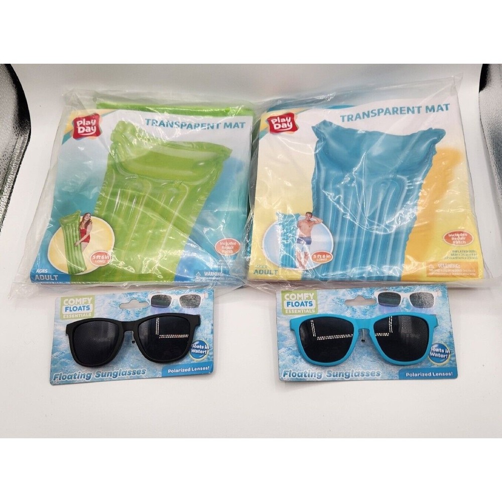 2 Play Day Inflatable Transparent Pool Mat 2 Pair Comfy Floats Sunglasses